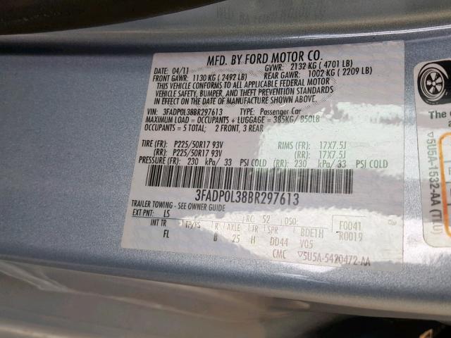 3FADP0L38BR297613 - 2011 FORD FUSION HYB BLUE photo 10