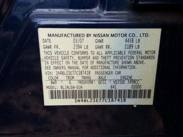 1N4BL21E77C187418 - 2007 NISSAN ALTIMA 3.5 BLUE photo 10