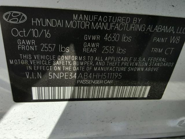 5NPE34AB4HH511195 - 2017 HYUNDAI SONATA SPO WHITE photo 10