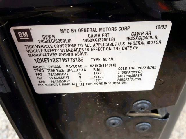 1GKET12S746173135 - 2004 GMC ENVOY XUV BLACK photo 10