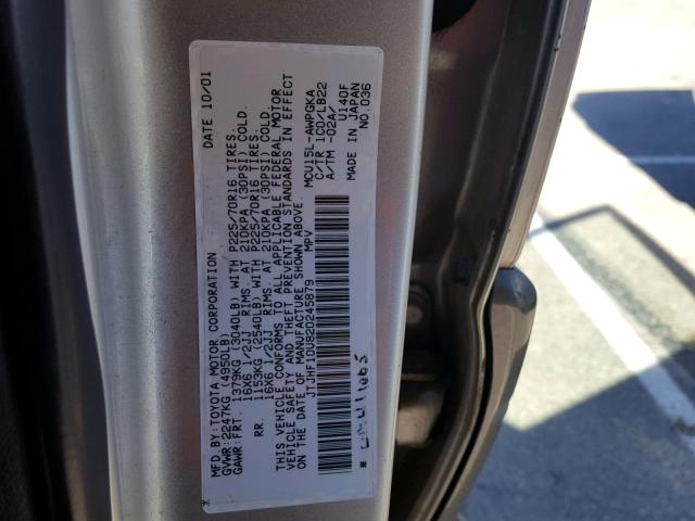 JTJHF10U820245879 - 2002 LEXUS RX 300 GRAY photo 10