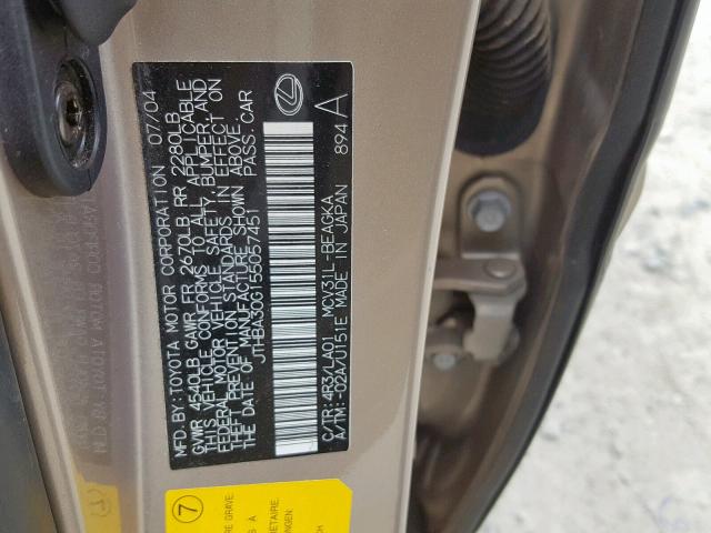 JTHBA30G155057451 - 2005 LEXUS ES 330 GOLD photo 10