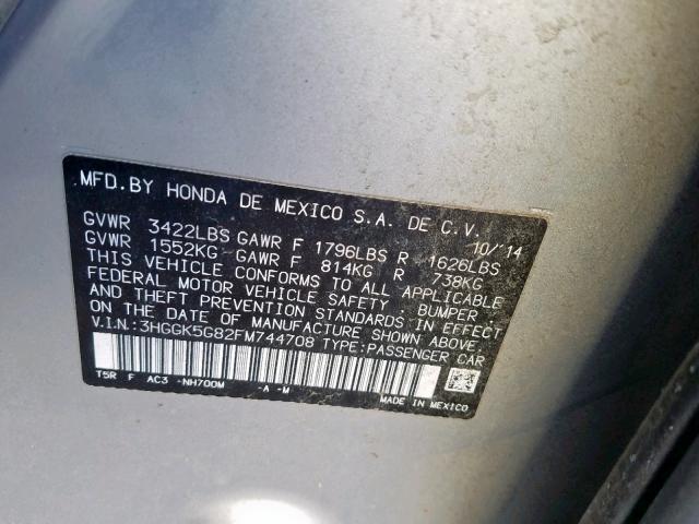 3HGGK5G82FM744708 - 2015 HONDA FIT EX SILVER photo 10