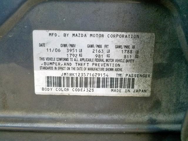 JM1BK123571679154 - 2007 MAZDA 3 S GRAY photo 10