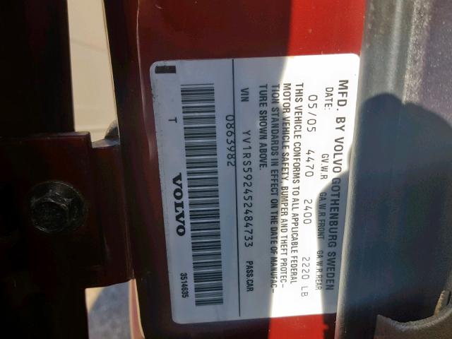 YV1RS592452484733 - 2005 VOLVO S60 2.5T RED photo 10