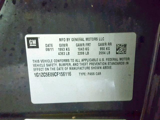 1G1ZC5E09CF156116 - 2012 CHEVROLET MALIBU 1LT CHARCOAL photo 10