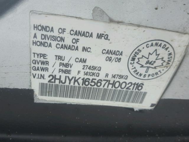 2HJYK16567H002116 - 2007 HONDA RIDGELINE SILVER photo 10