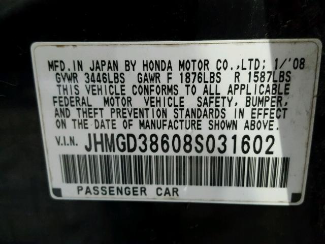 JHMGD38608S031602 - 2008 HONDA FIT BLACK photo 10