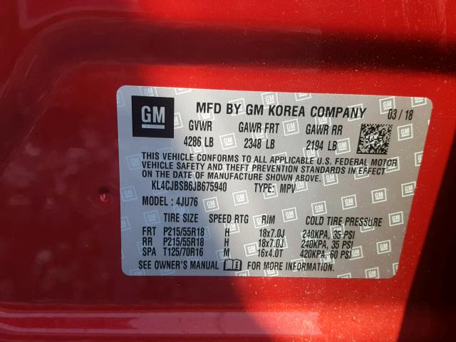 KL4CJBSB6JB675940 - 2018 BUICK ENCORE PRE RED photo 10