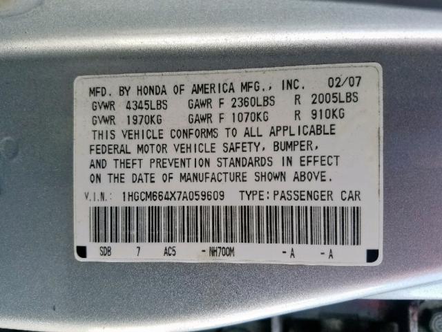 1HGCM664X7A059609 - 2007 HONDA ACCORD SE  photo 10