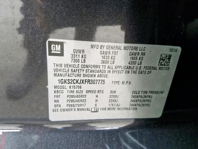 1GKS2CKJXFR307775 - 2015 GMC YUKON DENA GRAY photo 10