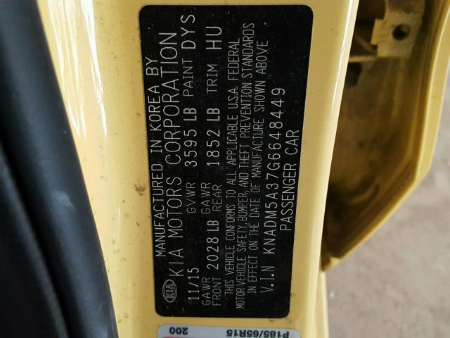 KNADM5A37G6648449 - 2016 KIA RIO LX YELLOW photo 10