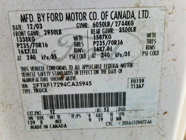 2FTRF17294CA35945 - 2004 FORD F-150 HERI WHITE photo 10