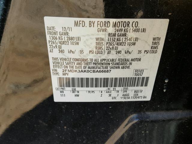 2FMDK3AK0CBA66687 - 2012 FORD EDGE SPORT BLACK photo 10