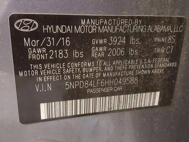 5NPD84LF6HH049588 - 2017 HYUNDAI ELANTRA GRAY photo 10