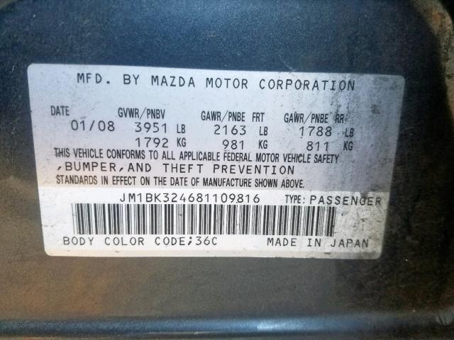 JM1BK324681109816 - 2008 MAZDA 3 S GRAY photo 10