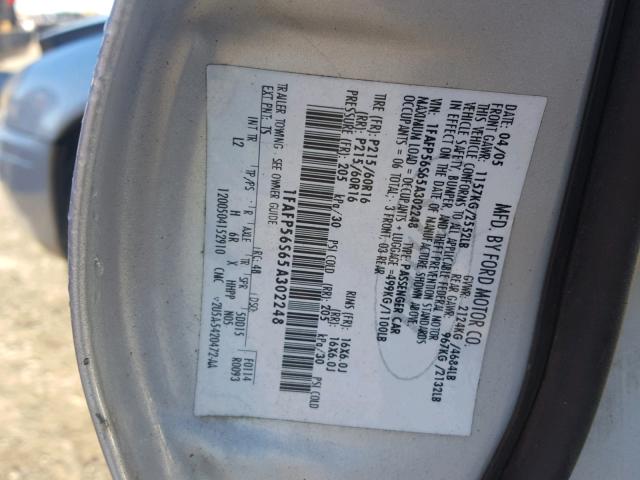 1FAFP56S65A302248 - 2005 FORD TAURUS SEL SILVER photo 10