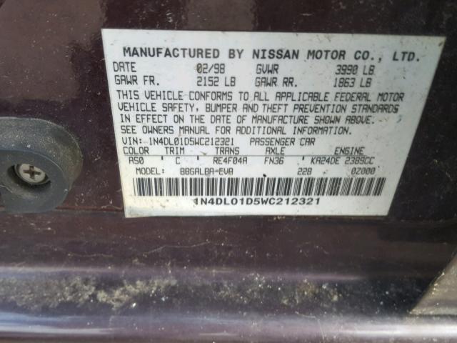 1N4DL01D5WC212321 - 1998 NISSAN ALTIMA XE MAROON photo 10