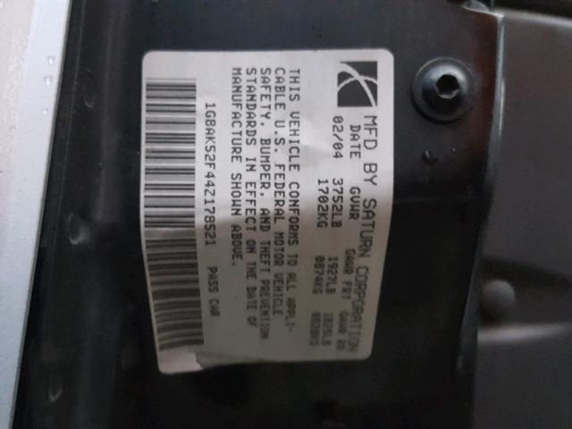 1G8AK52F44Z178521 - 2004 SATURN ION LEVEL SILVER photo 10