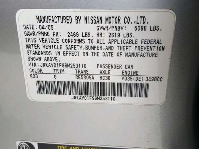 JNKAY01F96M253110 - 2006 INFINITI M35 BASE SILVER photo 10