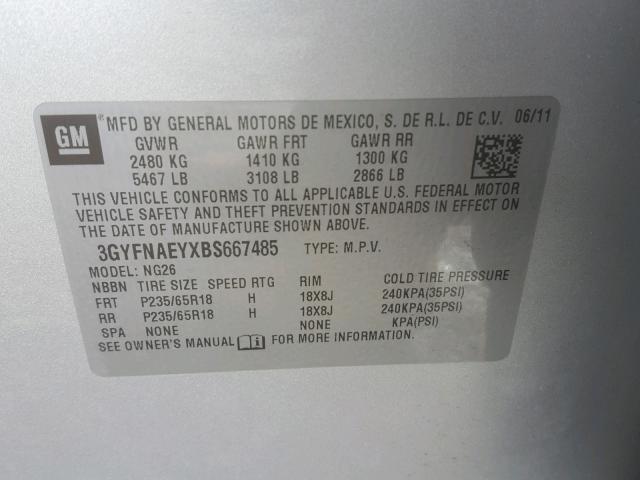 3GYFNAEYXBS667485 - 2011 CADILLAC SRX LUXURY SILVER photo 10