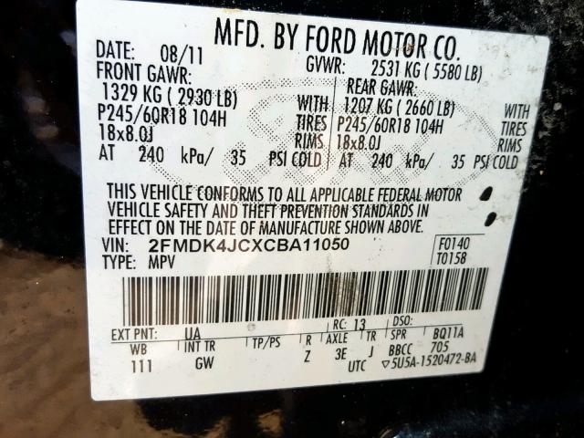 2FMDK4JCXCBA11050 - 2012 FORD EDGE SEL BLACK photo 10