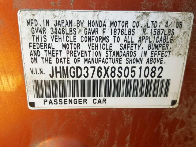 JHMGD376X8S051082 - 2008 HONDA FIT SPORT ORANGE photo 10