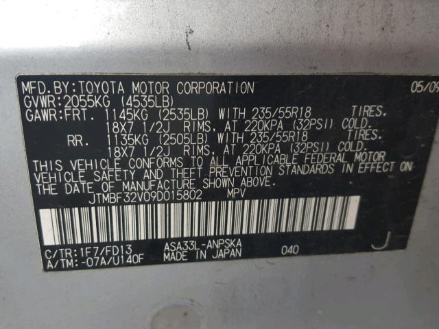 JTMBF32V09D015802 - 2009 TOYOTA RAV4 SPORT SILVER photo 10