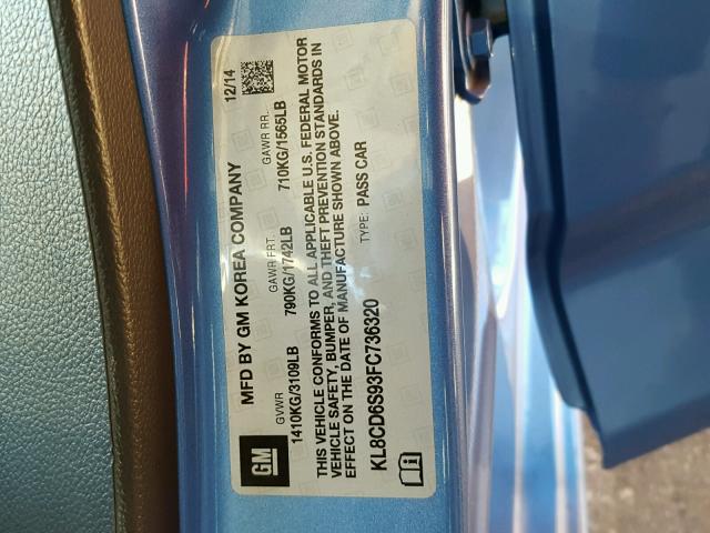 KL8CD6S93FC736320 - 2015 CHEVROLET SPARK 1LT Синий фото 10