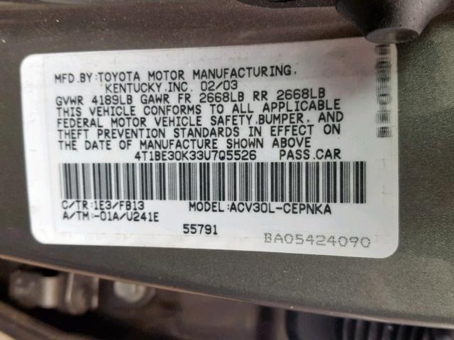 4T1BE30K33U705526 - 2003 TOYOTA CAMRY LE GRAY photo 10