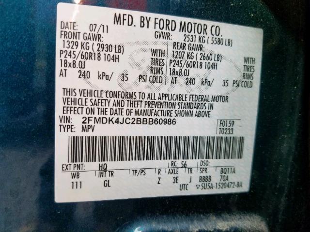 2FMDK4JC2BBB60986 - 2011 FORD EDGE SEL BLUE photo 10