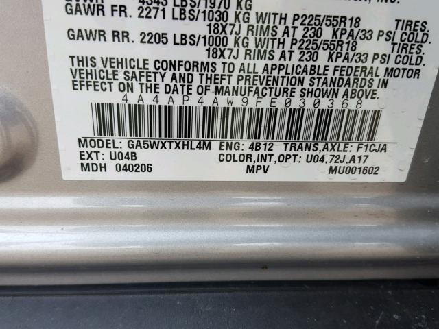 4A4AP4AW9FE030368 - 2015 MITSUBISHI OUTLANDER SILVER photo 10