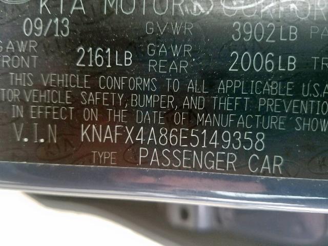 KNAFX4A86E5149358 - 2014 KIA FORTE EX BLUE photo 10