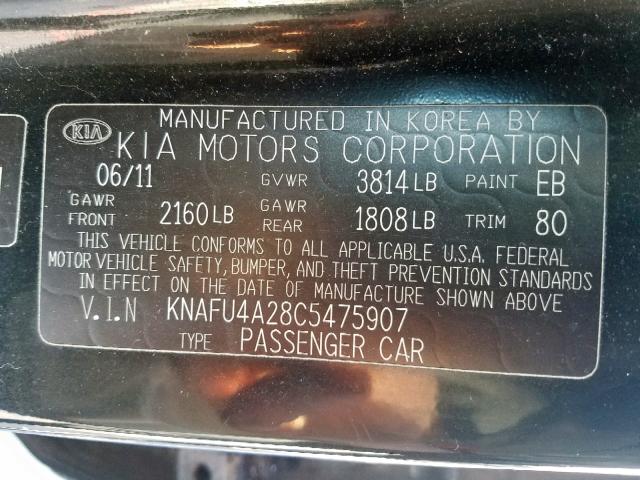 KNAFU4A28C5475907 - 2012 KIA FORTE EX BLACK photo 10