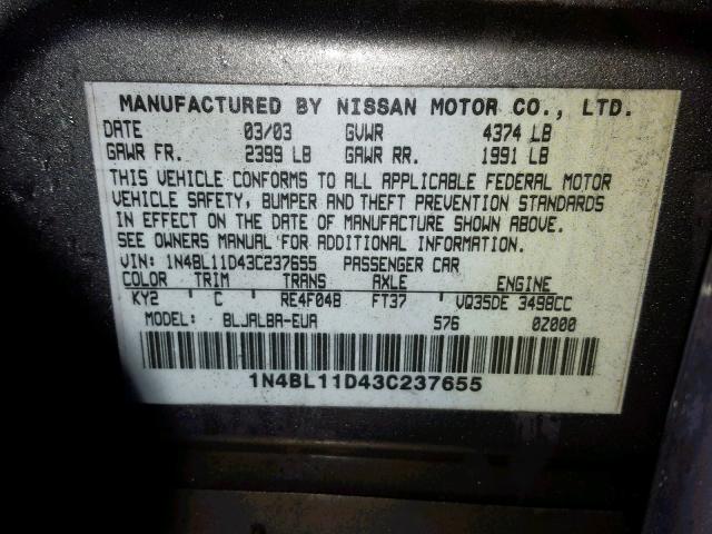 1N4BL11D43C237655 - 2003 NISSAN ALTIMA SE BROWN photo 10