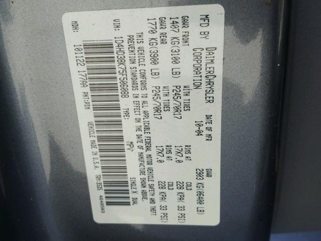 1D4HD38K75F506088 - 2005 DODGE DURANGO ST GRAY photo 10