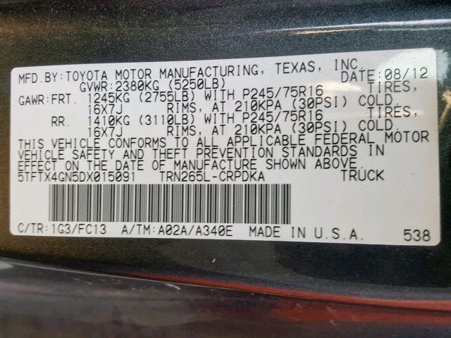 5TFTX4GN5DX015091 - 2013 TOYOTA TACOMA PRE GRAY photo 10