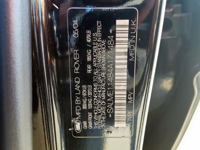 SALME11484A171484 - 2004 LAND ROVER RANGE ROVE BLACK photo 10