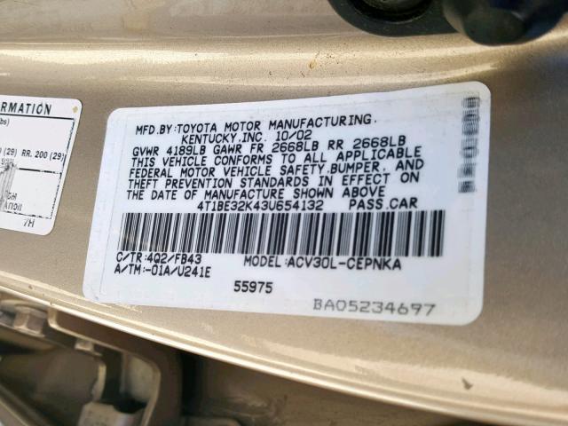 4T1BE32K43U654132 - 2003 TOYOTA CAMRY LE GOLD photo 10