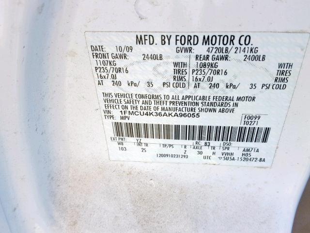 1FMCU4K36AKA96055 - 2010 FORD ESCAPE HYB WHITE photo 10