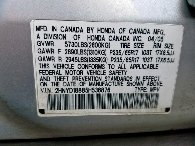 2HNYD18885H536876 - 2005 ACURA MDX TOURIN SILVER photo 10