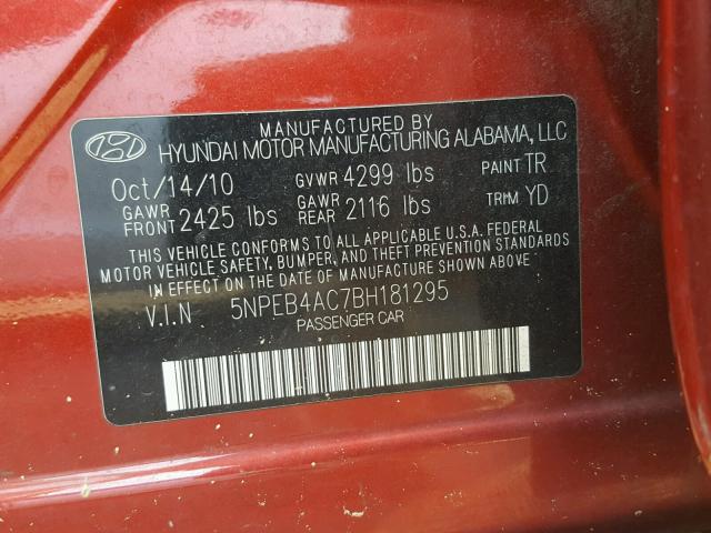 5NPEB4AC7BH181295 - 2011 HYUNDAI SONATA GLS RED photo 10