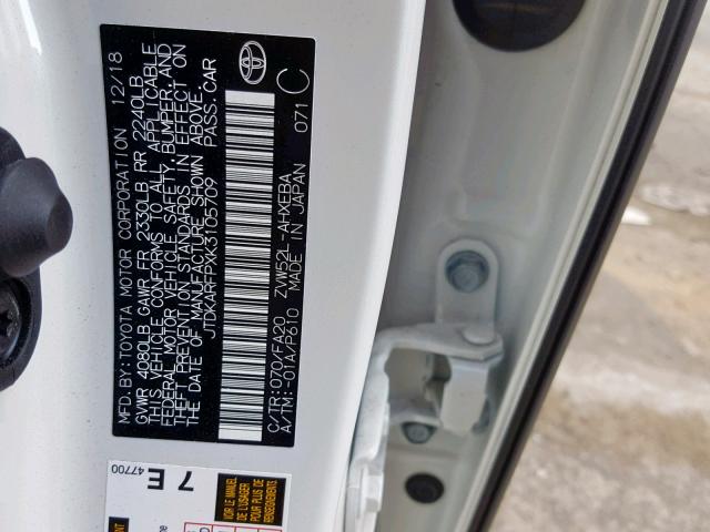 JTDKARFPXK3105709 - 2019 TOYOTA PRIUS PRIM 白色 照片 10