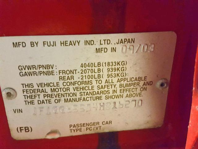 JF1GG65504H816270 - 2004 SUBARU IMPREZA TS RED photo 10