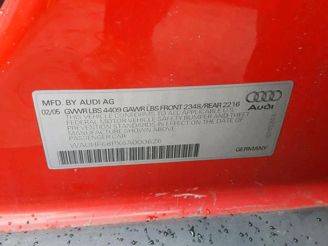 WAUHF68PX6A000626 - 2006 AUDI A3 2 RED photo 10