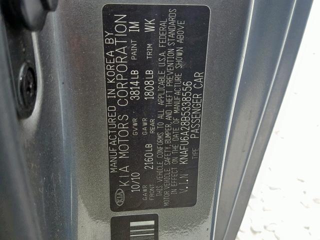 KNAFU6A28B5338556 - 2011 KIA FORTE EX GRAY photo 10