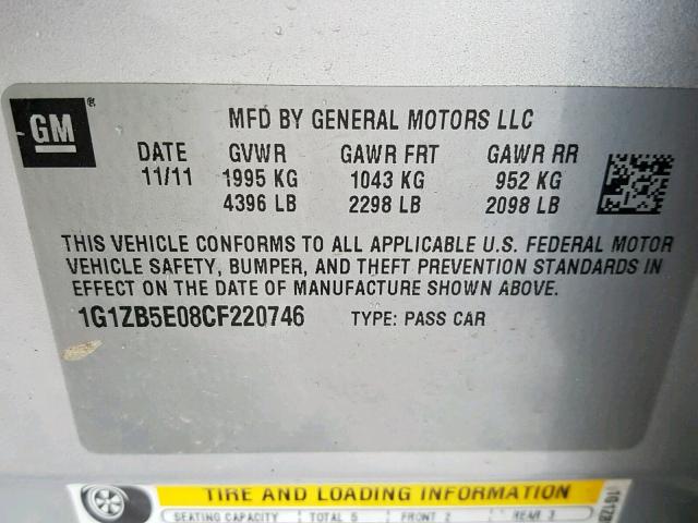 1G1ZB5E08CF220746 - 2012 CHEVROLET MALIBU LS 银色 照片 10