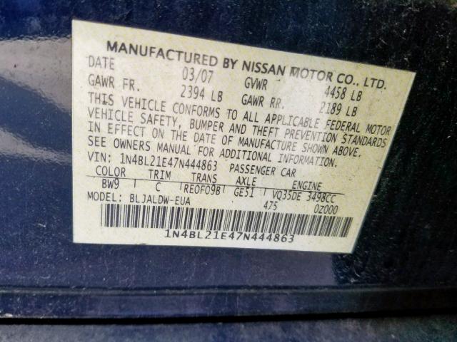 1N4BL21E47N444863 - 2007 NISSAN ALTIMA 3.5 BLUE photo 10