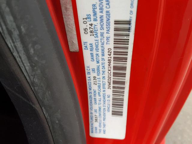 3VWED21CX1M481420 - 2001 VOLKSWAGEN NEW BEETLE 红色 照片 10