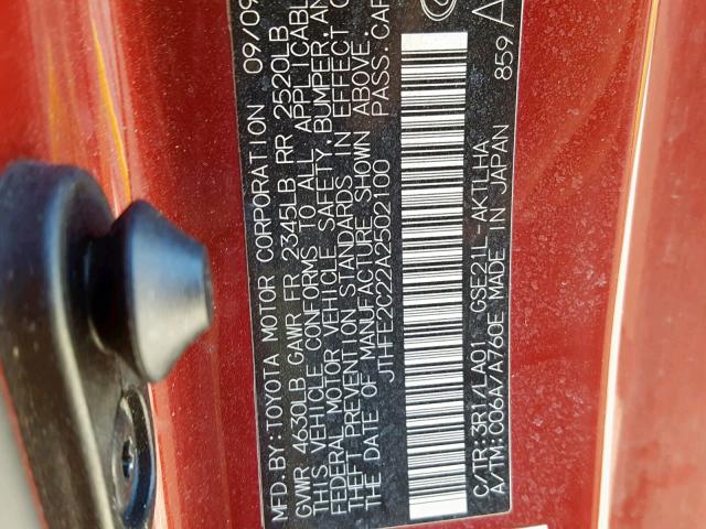 JTHFE2C22A2502100 - 2010 LEXUS IS 350 RED photo 10